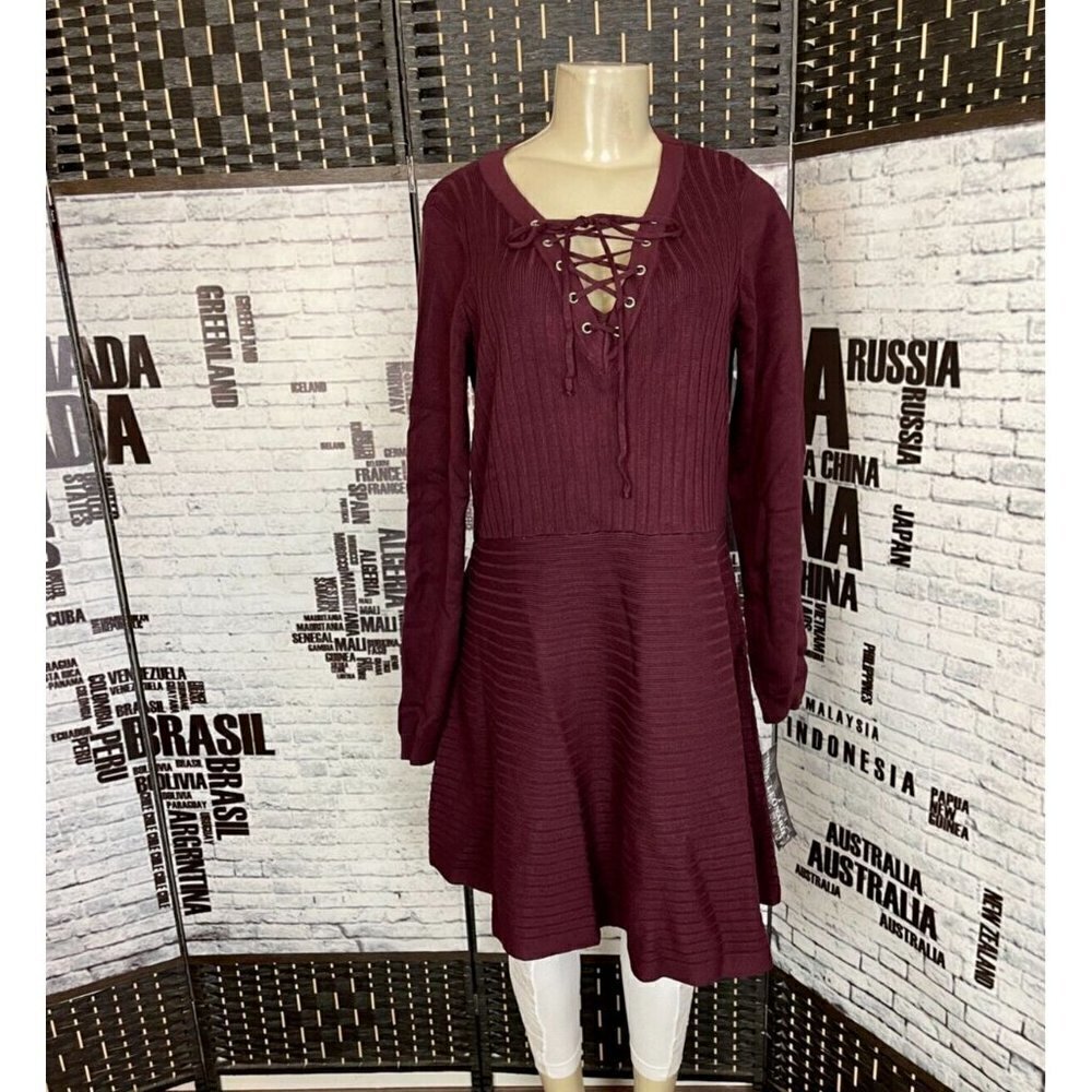 Nina Leonard Plus XXL Wine Lace Up V-Neck Ribbed Long Sleeve Knit Sweater Dress